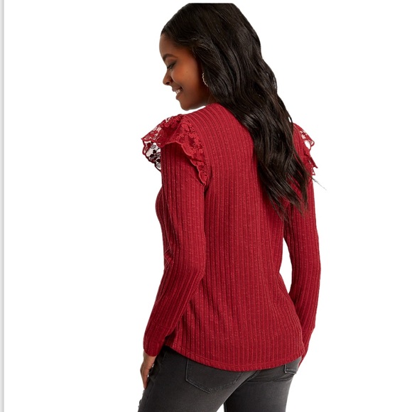 Plus Sz 4X Cranberry Lace Flutter Long Sleeves - Picture 5 of 8